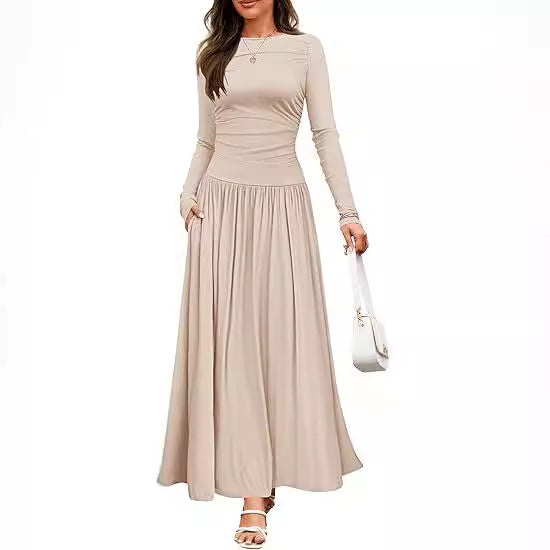 Sculptural Rib Knit Dress | Crew Neck & Pleat Pockets | Coffee Date Loungewear