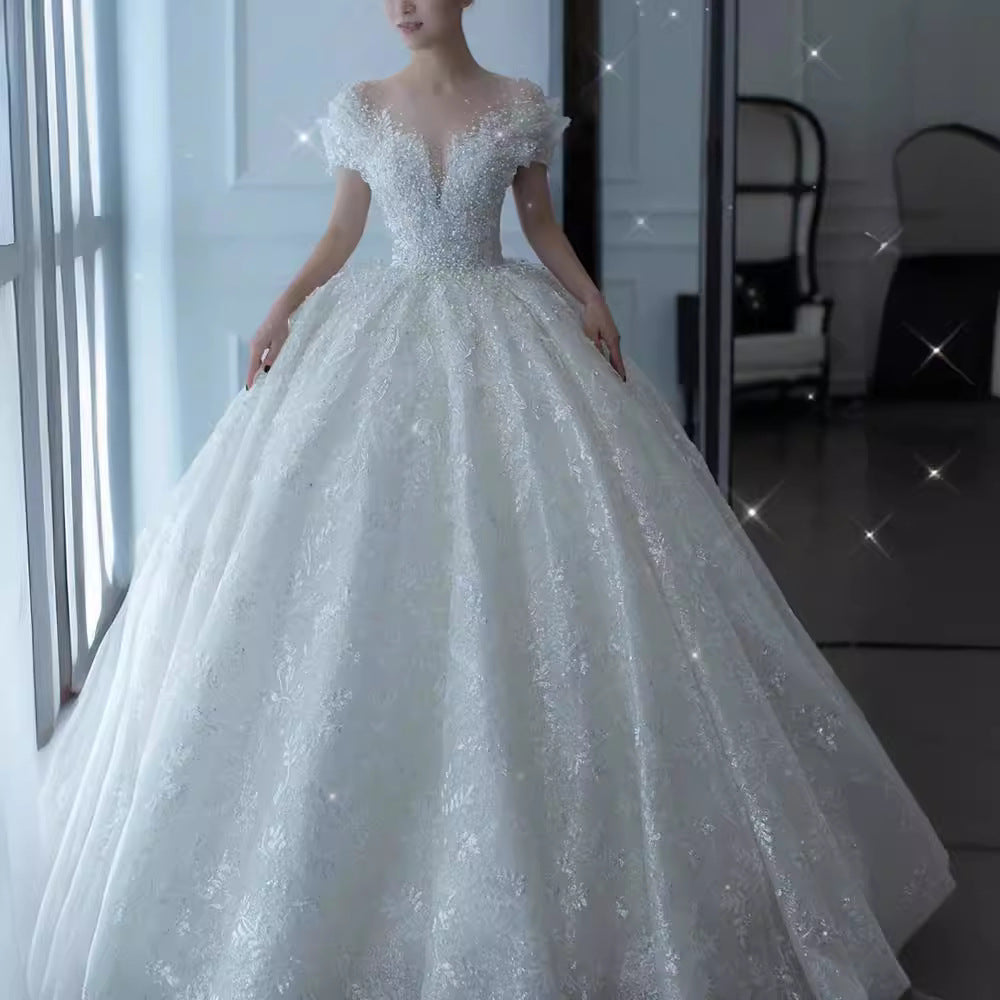 Empire Waist Maternity Wedding Gown | Bump-Friendly Princess Cut & Royal Train | Regal French Alençon Lace Dress