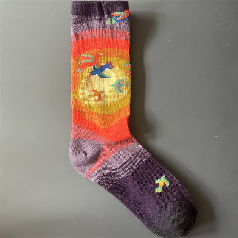 New Product Mid Calf Socks Women Oil Painting Socks Niche Fun Literary and Artistic Color Socks
