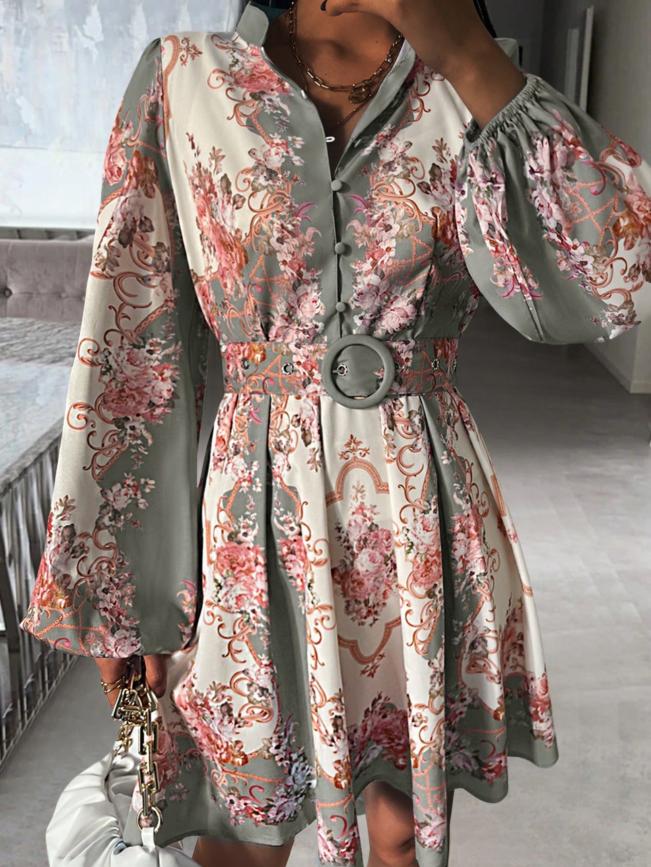 Spring Floral Midi Dress: Vintage Belted Fit, Puffed Sleeves & Mock Neck