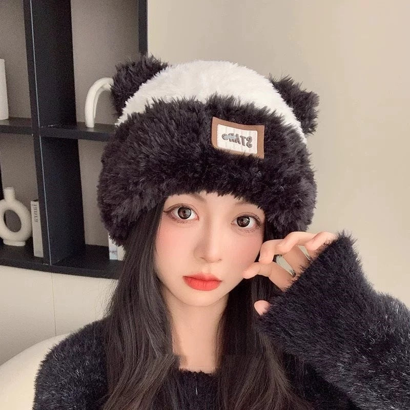 Cute bear wool hat female winter 2024 popular plush warm fluffy autumn and winter big head circumference knitted hat