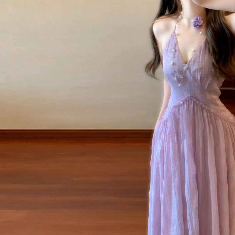 Summer Viral Backless Lilac Suspender Dress for Girls | French-Inspired Seaside Vacation Dress with Breathable Beachwear Design