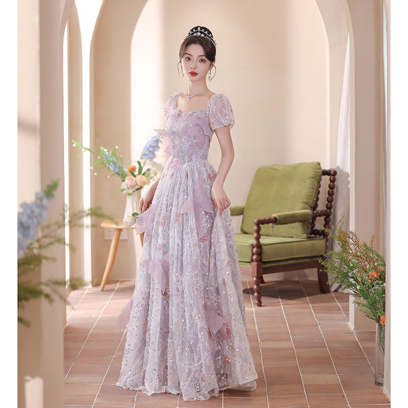 Lilac Tulle Evening Gown - Fairy Princess Dress with Puff Sleeves for Banquet & Stage Events