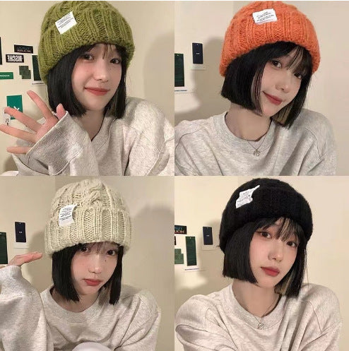 2PCS- Women's Rough Knitted Hat-Autumn and Winter Versatile Big Head Circumference Green Loose Ins Tide Shows Small Face