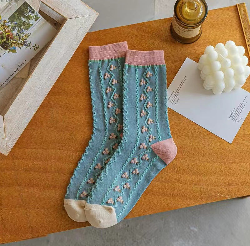 Socks Women's Autumn and Winter Long Socks Mori Tulips Versatile Women's Stacking Socks Flower Series Spring and Summer Long Tube