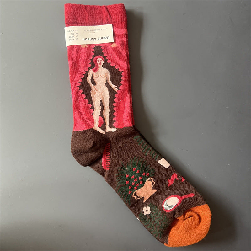 New Product Mid Calf Socks Women Oil Painting Socks Niche Fun Literary and Artistic Color Socks