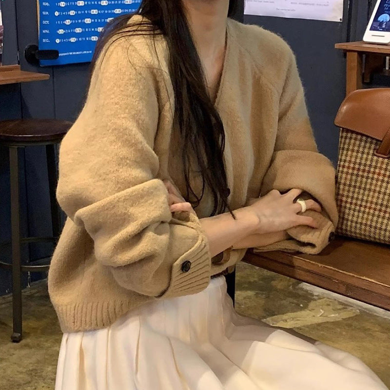 Simple V-neck Knitted Cardigan for Women's Autumn and Winter New Lazy Wind Turned Sleeves Sweater for Women