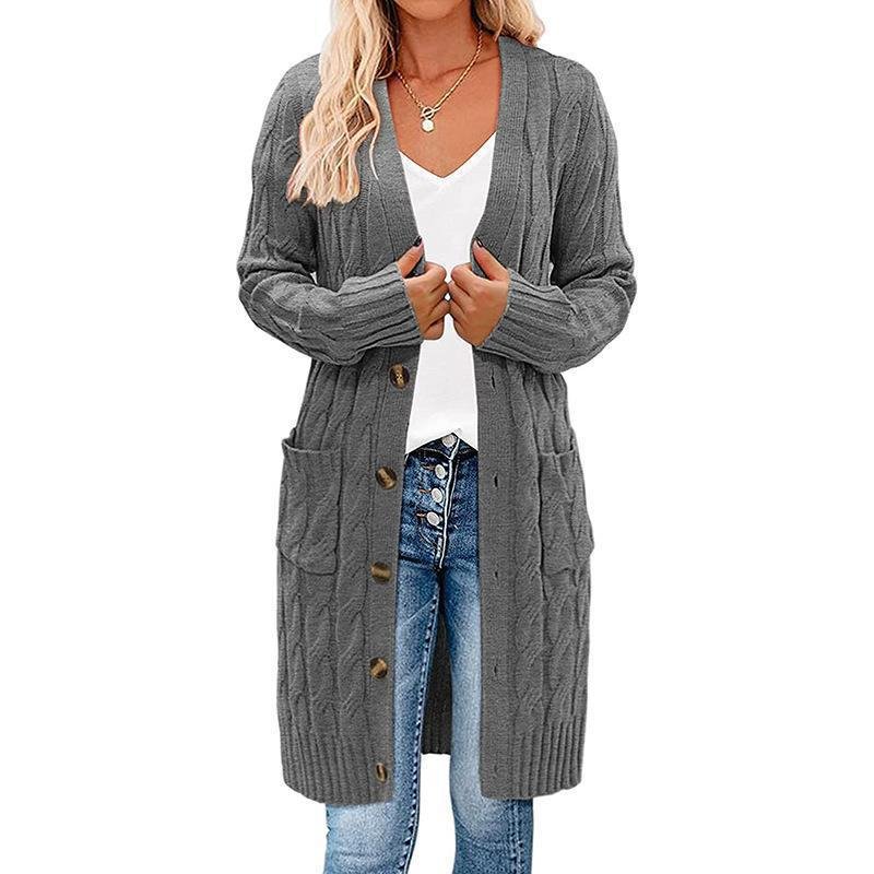 Autumn and Winter New Single-breasted Twist Pocket Solid Color Knitted Long Sweater Cardigan Jacket