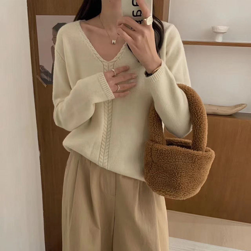 Lazy Wind Soft Waxy Twist Pullover for Women's Autumn and Winter New Design Loose Knitted Sweater for Women