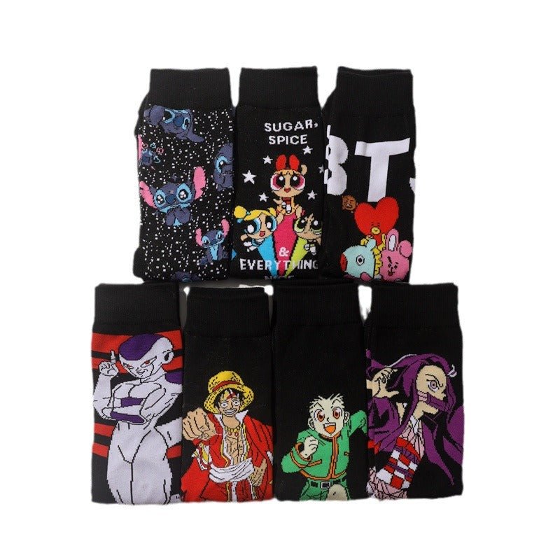 Men's Wholesale Trendy Socks Female Animation Cartoon Cotton Socks Comic Male Medium Tube Pirate Socks-5PRS