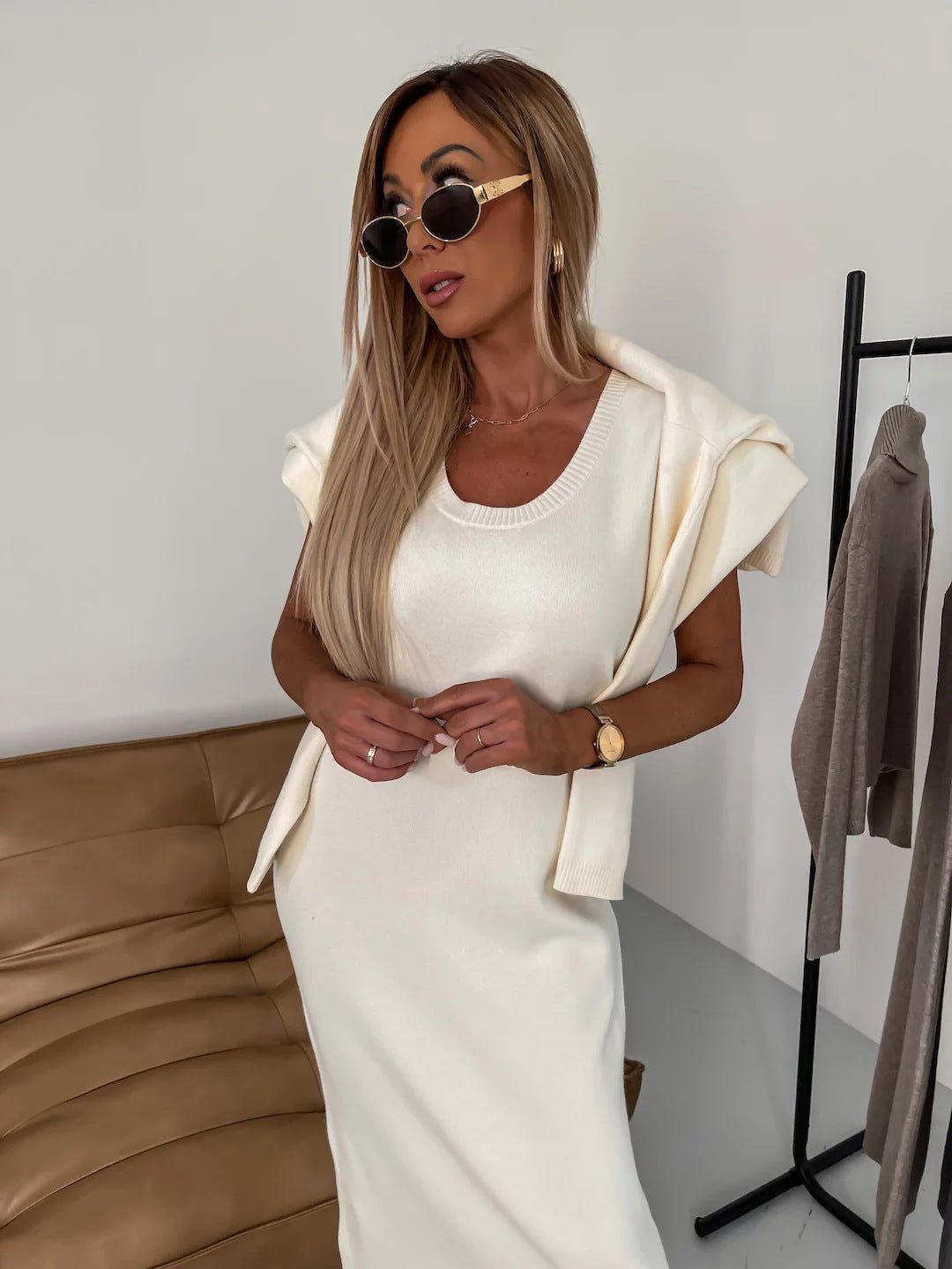 New Sweater Dress Autumn and Winter Turtleneck Long Dress Two-piece Set Solid Color Knitted Dress