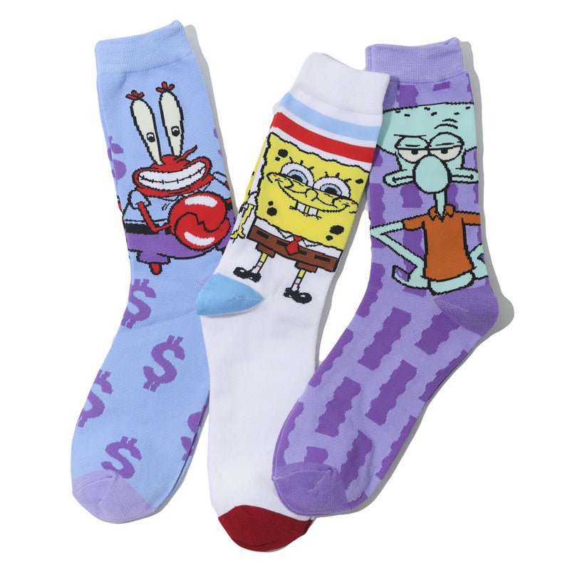 Male Personality Medium Tube Cotton Sponge Cartoon Crab Boss Female Cartoon Long Tube Animation Men's Socks-5PRS