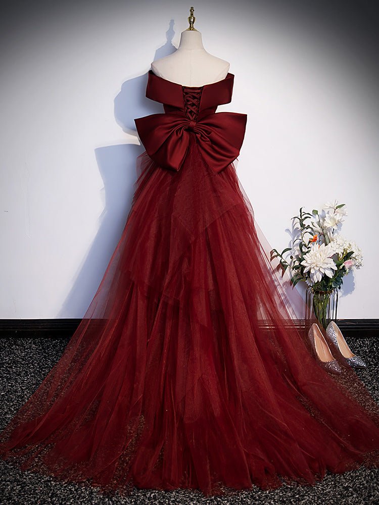 Toast Clothes Burgundy Fishtail 2024 New Vocal Art Test Evening Dress Women's Annual Meeting Host One-word Shoulder Light Wedding Dress