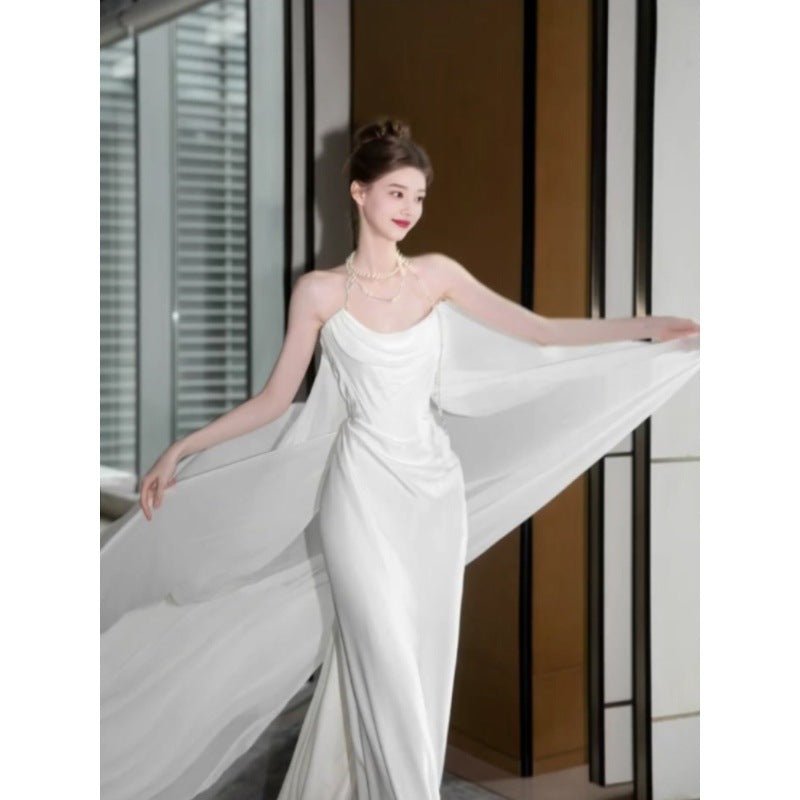 Light Wedding Dress White Trailing Wedding Bride Toast Engagement Evening Dress High Sense Satin Tube Top Dress Women