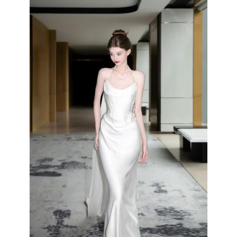 Light Wedding Dress White Trailing Wedding Bride Toast Engagement Evening Dress High Sense Satin Tube Top Dress Women