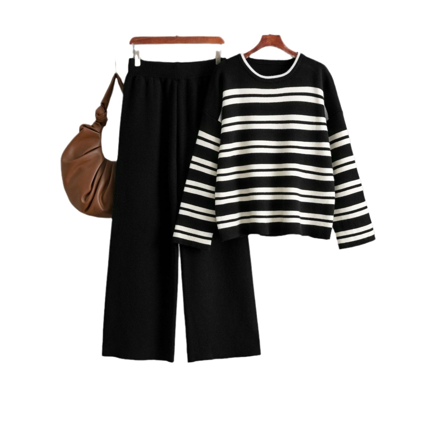 Striped Sweater Set Autumn and Winter 2024 New Loose Fashion Casual Wide-leg Pants Knitted Two-piece Set