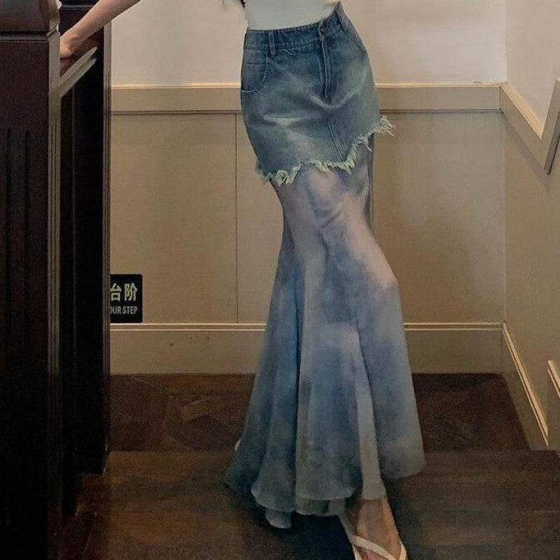 Retro Lotus Leaf Edge Splicing Denim Skirt Summer New High Waist Rough Edge Design Fairy Dress