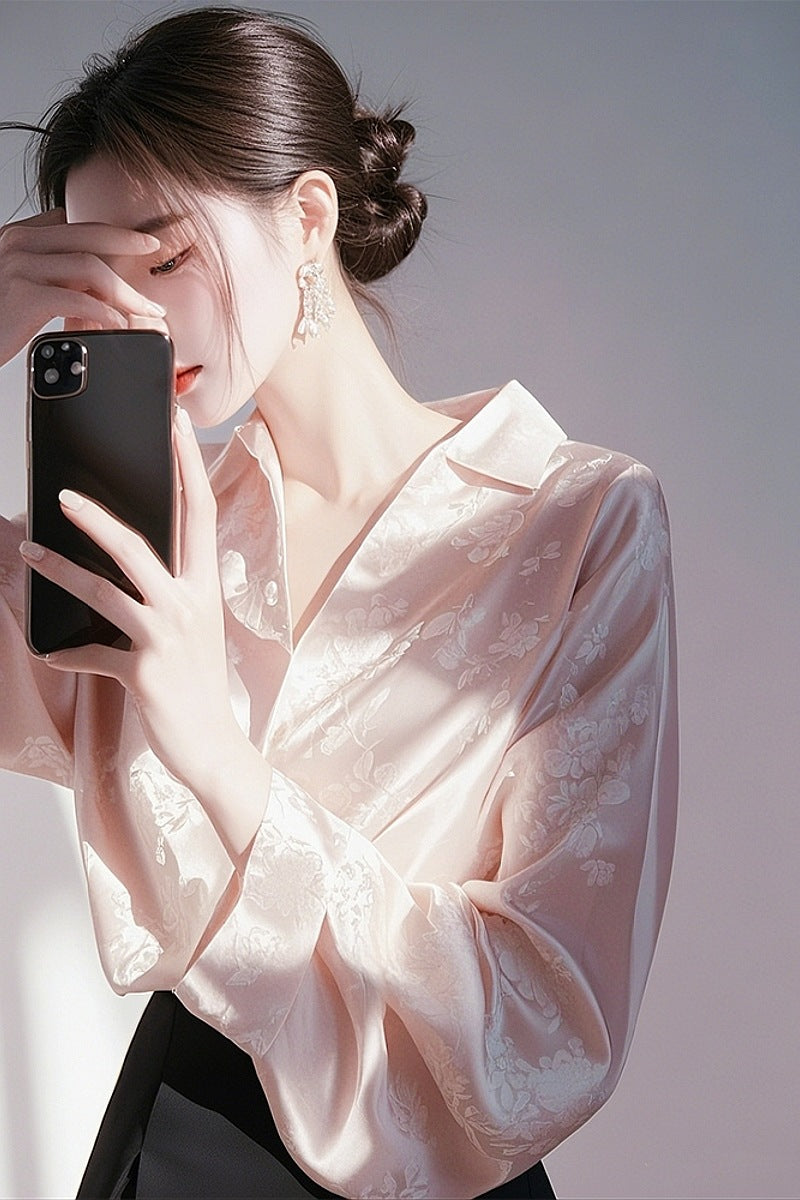 Women’s Purple Satin Jacquard Blouse - French Vintage Fall Long Sleeve Elegant Shirt