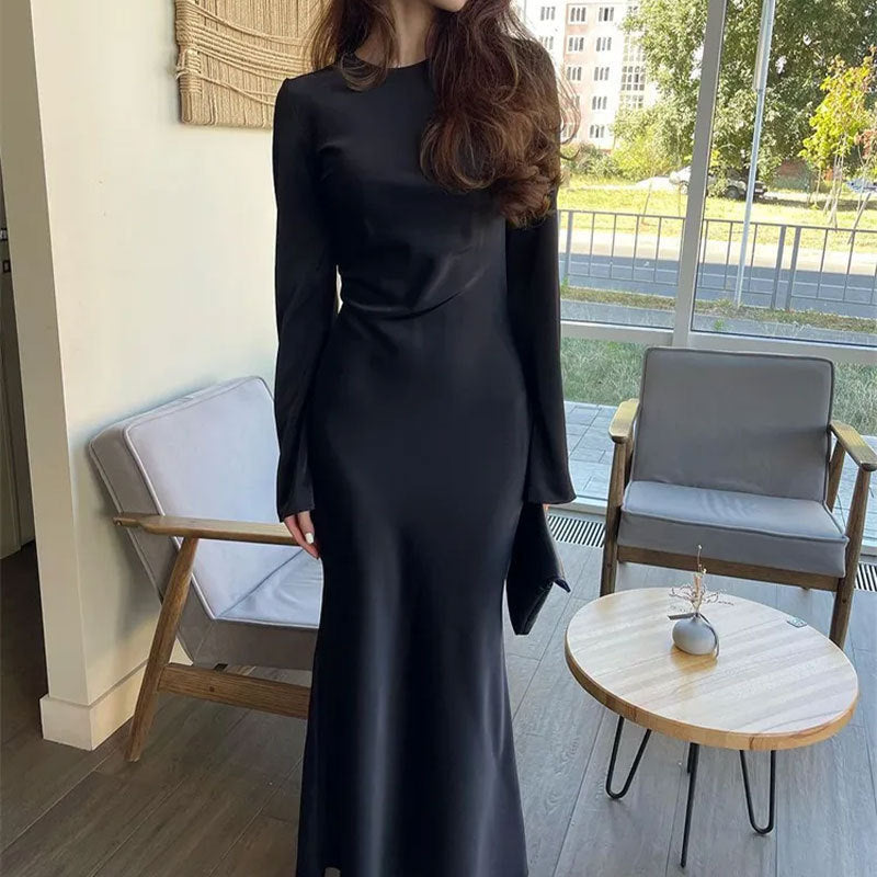 Élégant French Dress: Solid Color, Long Sleeve Bodycon Midi Skirt - Timeless Fall Transition