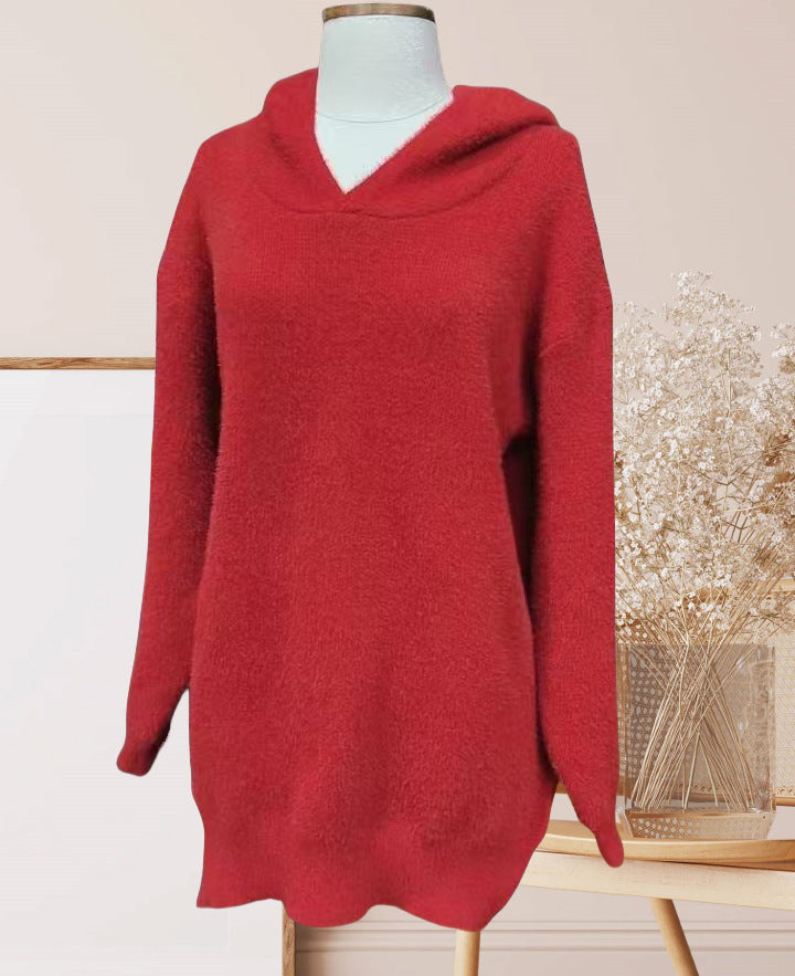 Hooded Hem Split Soft Waxy Knitted Sweater New Medium and Long Loose Pullover Red Sweater
