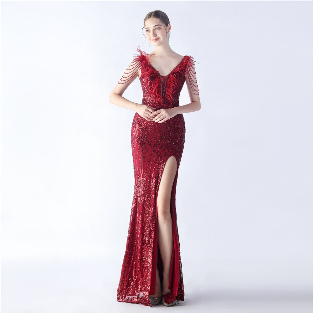 Luxe Feather & Sequin Maxi Gown | Heavy Beadwork
