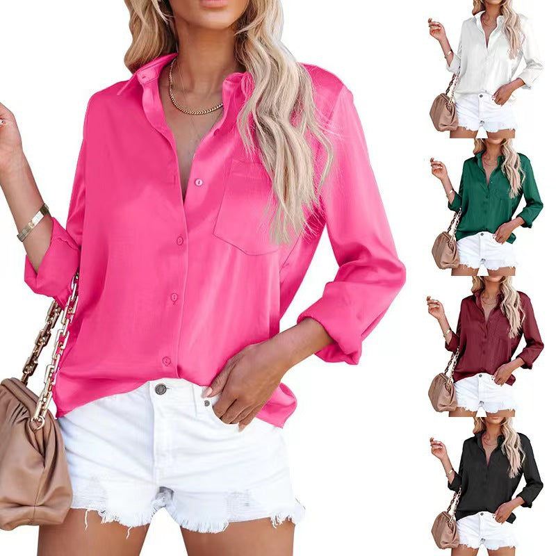 Spring Viral Acetate Satin Blouse: Luxe Solid-Tone Long Sleeve Office Shirt for Women Trending Workwear Minimalist Fashion