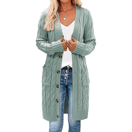 Autumn and Winter New Single-breasted Twist Pocket Solid Color Knitted Long Sweater Cardigan Jacket