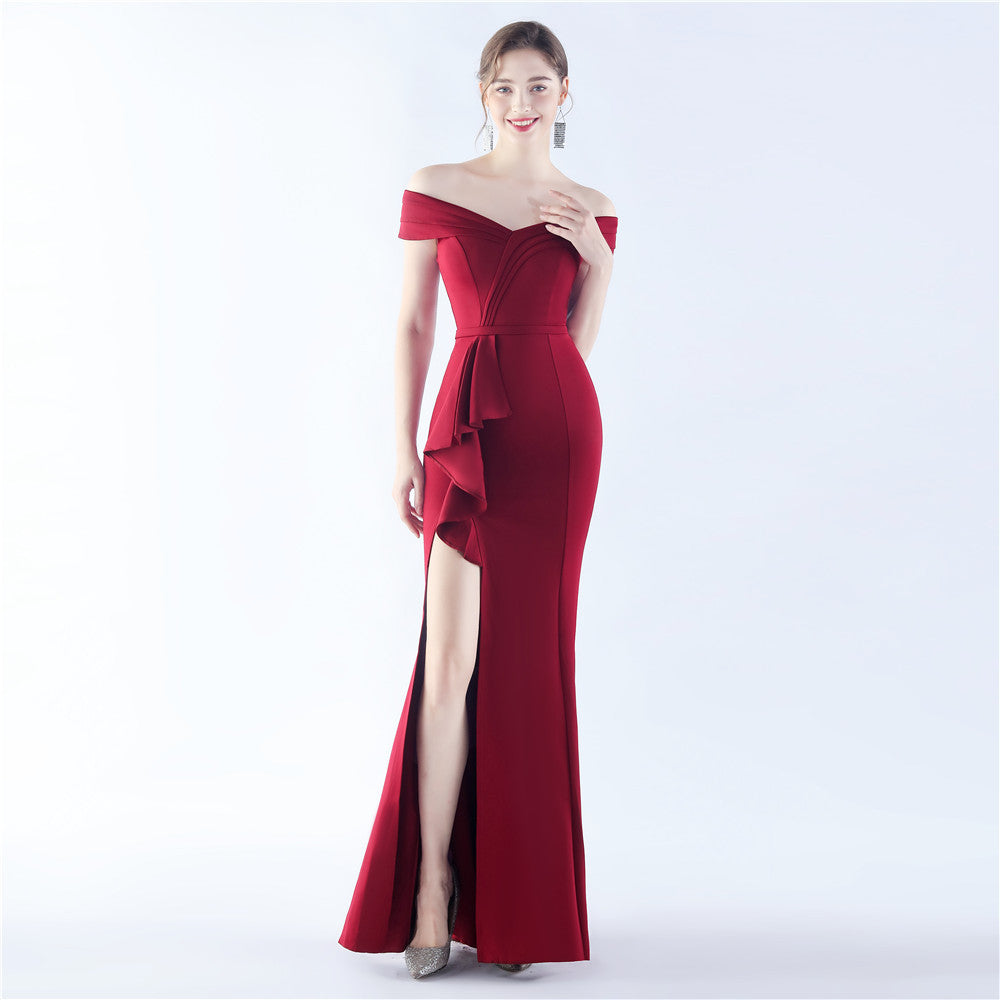 Satin One-Shoulder Evening Gown: Luxe Slit Formal Dress Wedding Guest Party Maxi