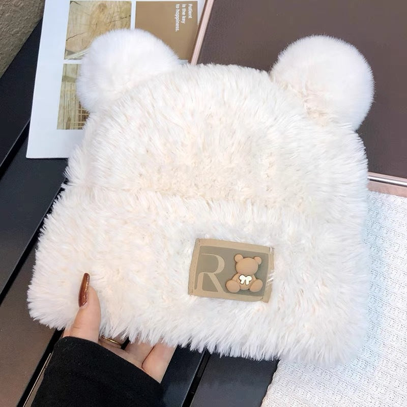 Cute bear wool hat female winter 2024 popular plush warm fluffy autumn and winter big head circumference knitted hat