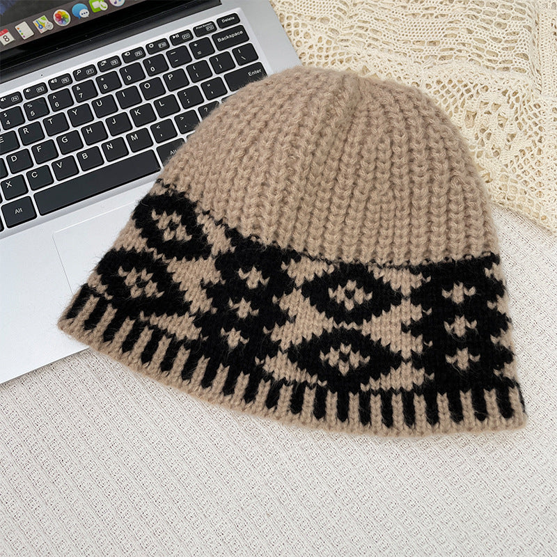 Retro Wool Hat Autumn and Winter Women's Warm Ear Protection Versatile Face Small Color Matching Warm Knitted Bucket Hat