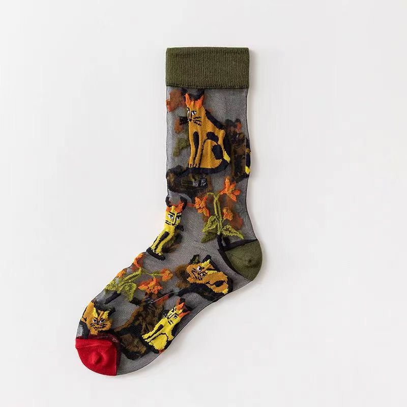 Spring and Summer Women's Socks, Thin Medium Tube Fashion Trendy Socks, European and American Style Flower Glass Stockings