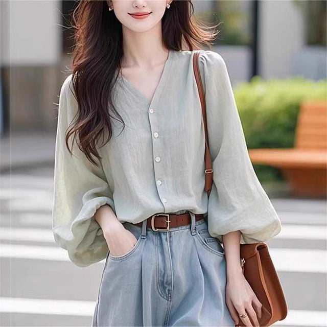 Puff Sleeve V-Neck Tunic: Women’s Cotton-Linen Blend Breathable Top for Fall Casual & Work - Minimalist Elegance