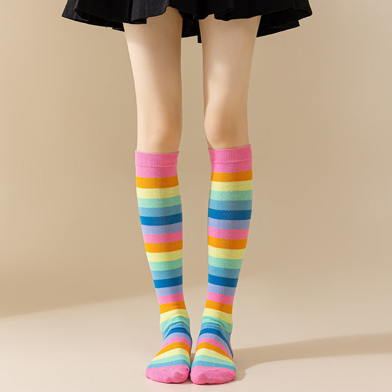 Rainbow Striped European and American Socks Women's Long Tube Party Show Halloween Cosplay Calf Socks