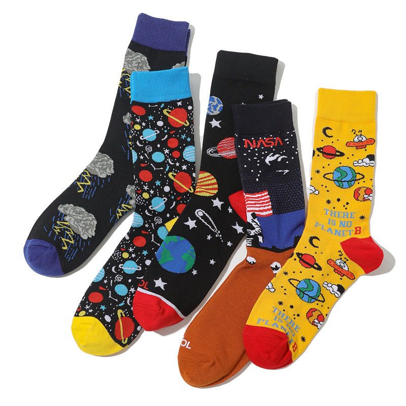 Men's Cartoon Personality Men's Socks Starry Sky Animation Design Cotton Tube Art Actress Sock-5PRS