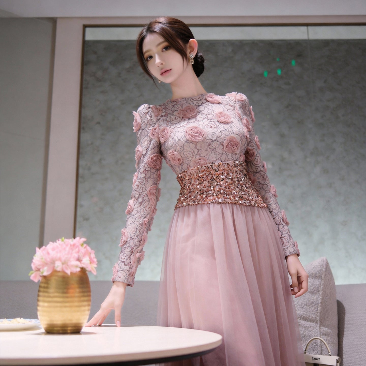Women’s French-Inspired 3D Floral Sequin Mesh Waist Dress, Elegant Spring & Autumn Party Dress
