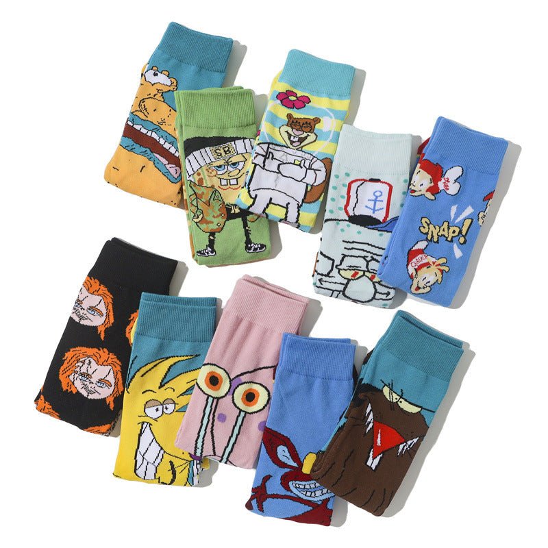 Male Parasite Cartoon Tide Socks Women's Medium Tube Men's Sponge Socks Long Tube Cotton Animation Socks-5PRS