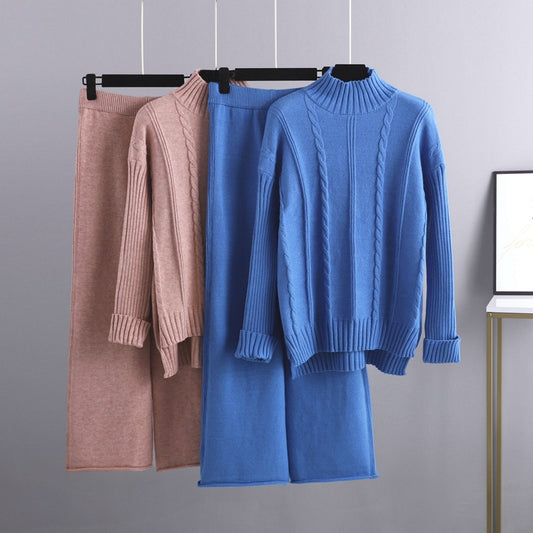 High-end Semi-turtleneck Sweater Wide-leg Pants Set Women's Autumn and Winter New Fashion Age-reducing Knitted Two-piece Set