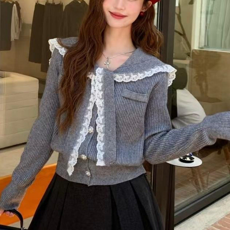 Solid Color Lace Edge Knitted Cardigan Women's Spring New Lace-up Lapel Splicing Top Women