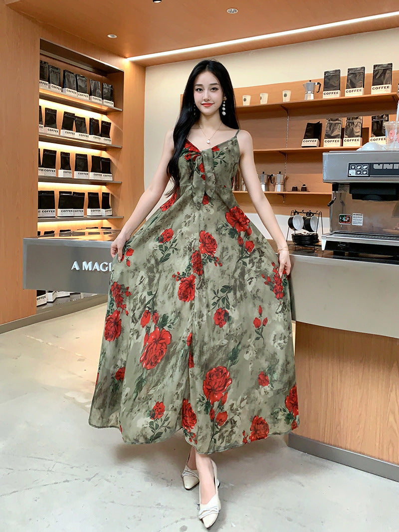 Temperament Royal Sister Fan Dress Women's Fashion Floral Age Reduction Medium and Long Skinny Dress