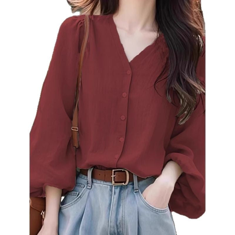 Puff Sleeve V-Neck Tunic: Women’s Cotton-Linen Blend Breathable Top for Fall Casual & Work - Minimalist Elegance