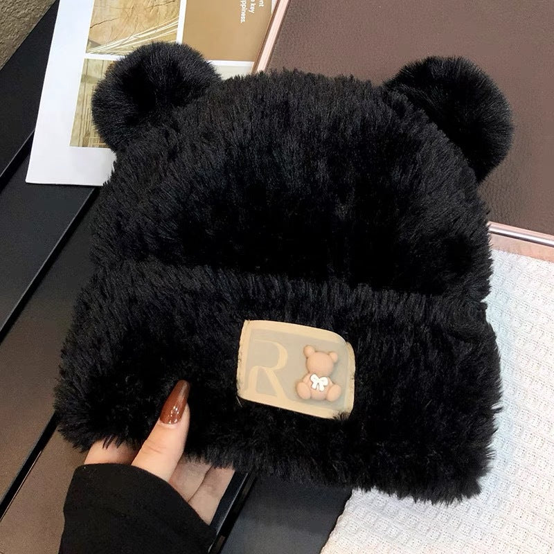 Cute bear wool hat female winter 2024 popular plush warm fluffy autumn and winter big head circumference knitted hat