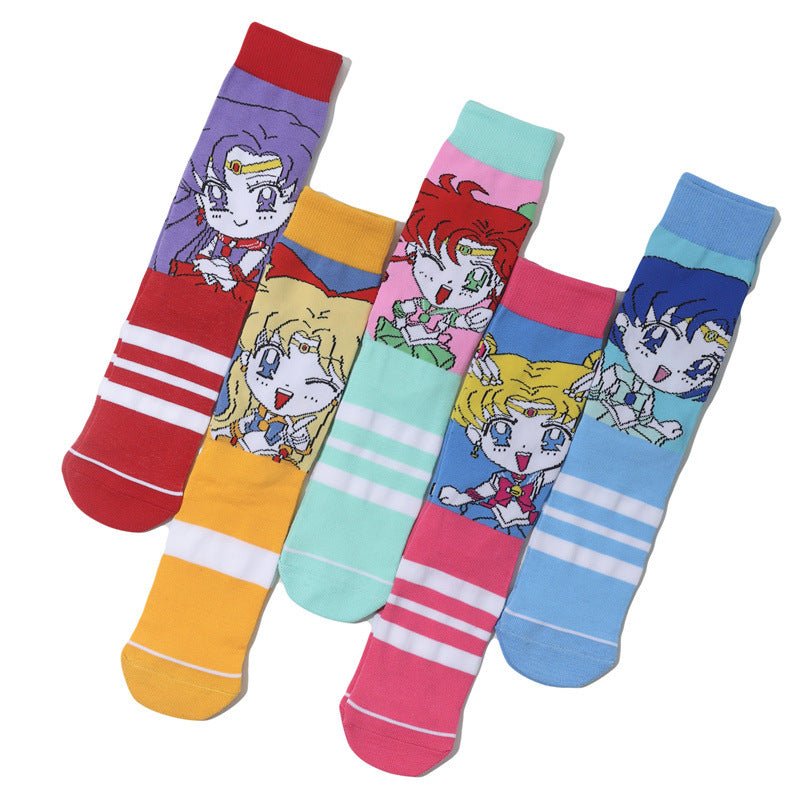 Female Casual Cotton Medium Tube Sailor Moon Anime Manga Day Man Women's Socks-5prs