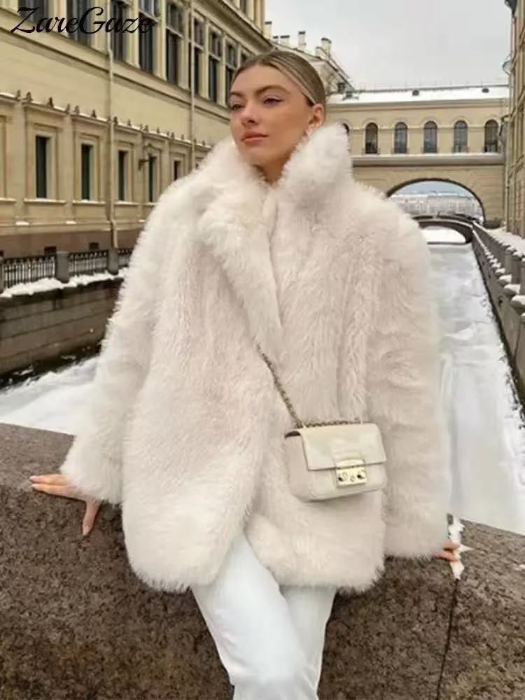 Teddy Luxe Faux Fur Coat Notch Lapel Long Sleeve Winter Warm Women’s