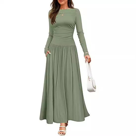 Sculptural Rib Knit Dress | Crew Neck & Pleat Pockets | Coffee Date Loungewear