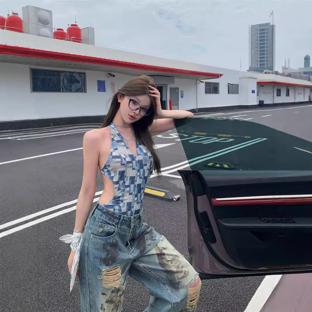 Retro Tie-dye Wasteland Wind Ripped Wide-leg Jeans Women's Summer Design Sense High Waist Thin Straight Mopping Pants