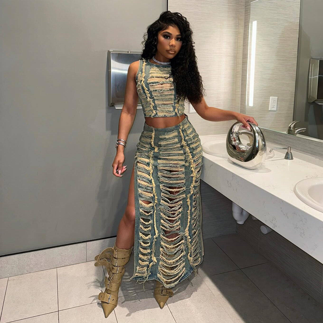 Denim Suit Set - Asymmetric Vest & High-Slit Skirt | Y2K Streetwear Coord Outfit