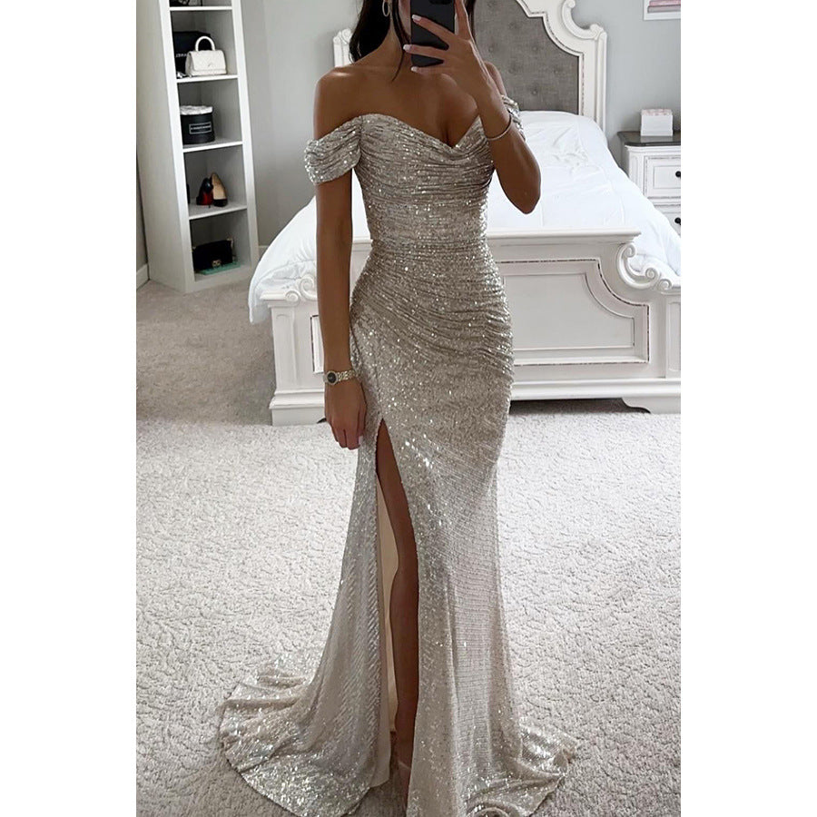 New Party Sequins One-word Collar Split Dress INS Casual Fashion Dress Women