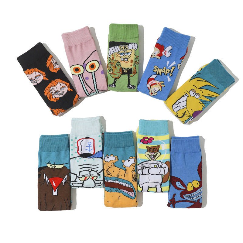 Male Parasite Cartoon Tide Socks Women's Medium Tube Men's Sponge Socks Long Tube Cotton Animation Socks-5PRS