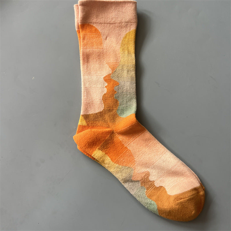 New Product Mid Calf Socks Women Oil Painting Socks Niche Fun Literary and Artistic Color Socks