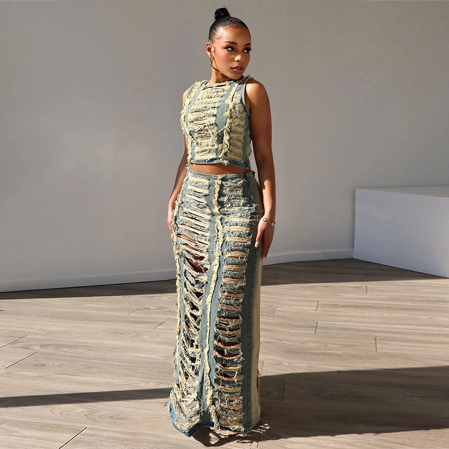 Denim Suit Set - Asymmetric Vest & High-Slit Skirt | Y2K Streetwear Coord Outfit
